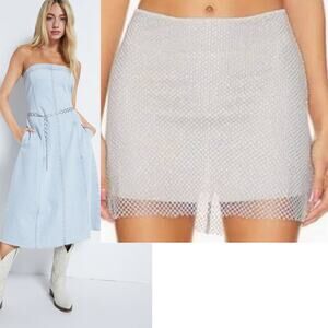 NWT WEWOREWHAT Denim Strapless Midi Dress -Silver Crystal Mini Skirt Bundle Sz 0